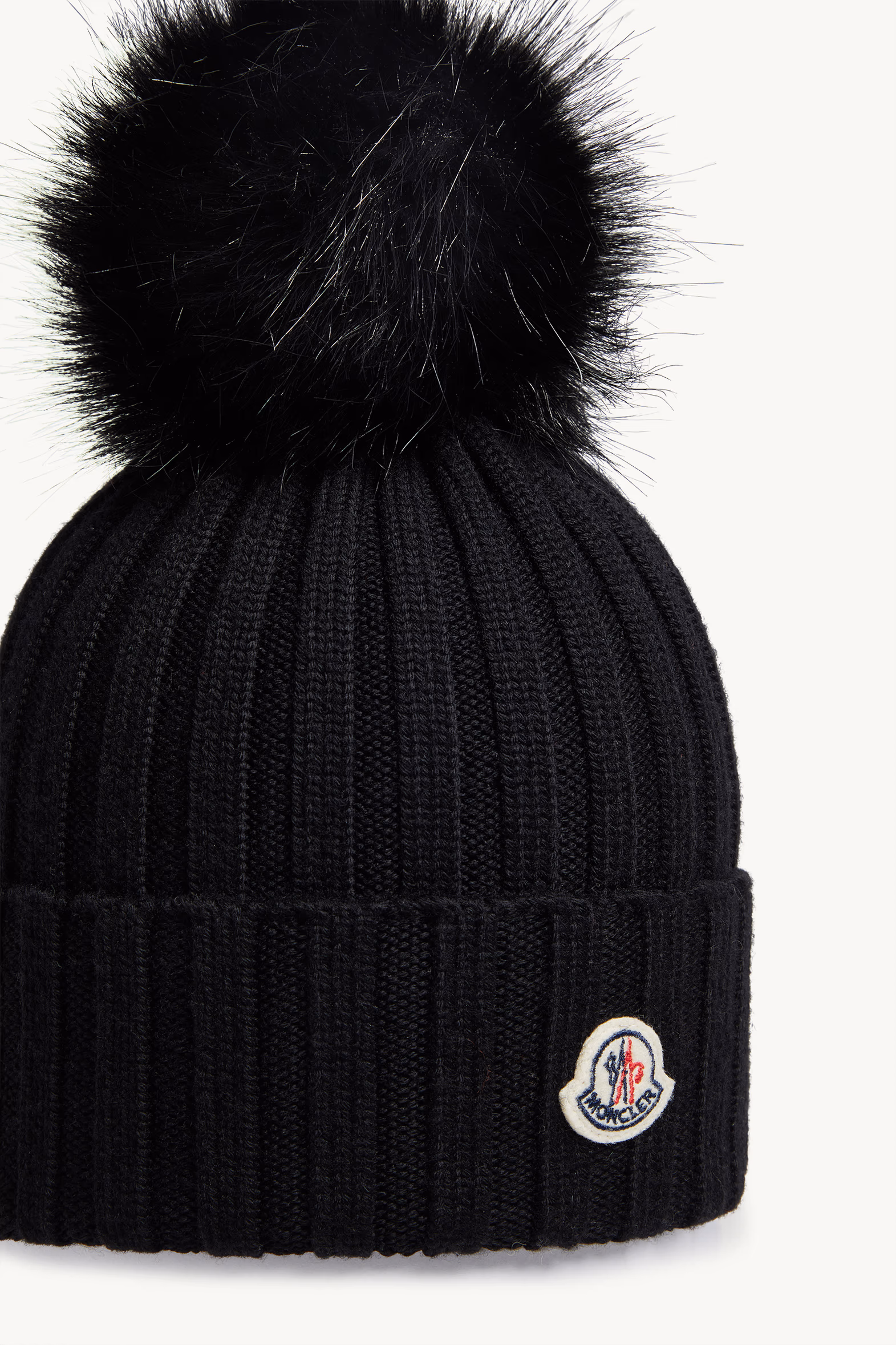 Wool Beanie with Faux Fur Pom Pom Gender Neutral Black Moncler 3
